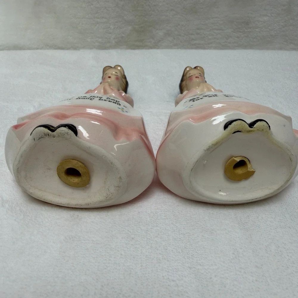 VTG Pink‎ Victorian Enesco Prayer Lady Ceramic Salt Pepper Shakers Mid Century